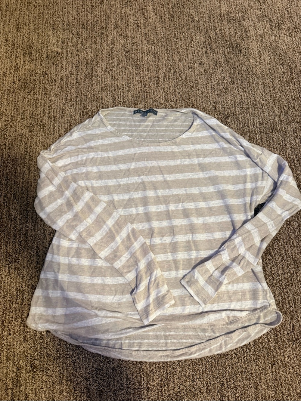 Elliott Lauren Beige and White Striped Long-Sleeve Scoop Neck Top